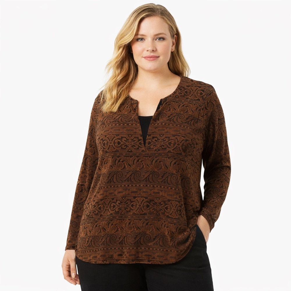 Coldwater Creek Paisley Brown Knit Top 3X Plus Long Sleeve